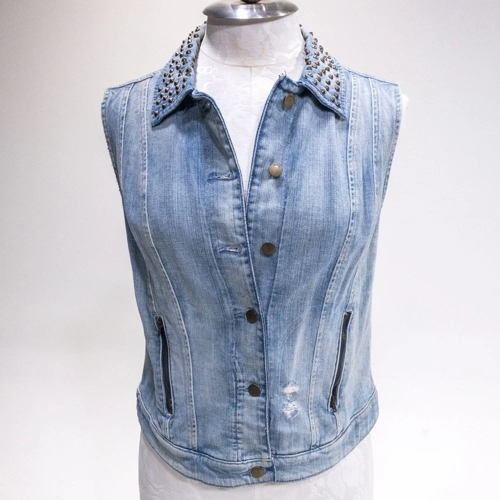 Guess M Sleeveless Jean Jacket Vest Layer Studded Collar Pattern Back Crop Top - Picture 16 of 16